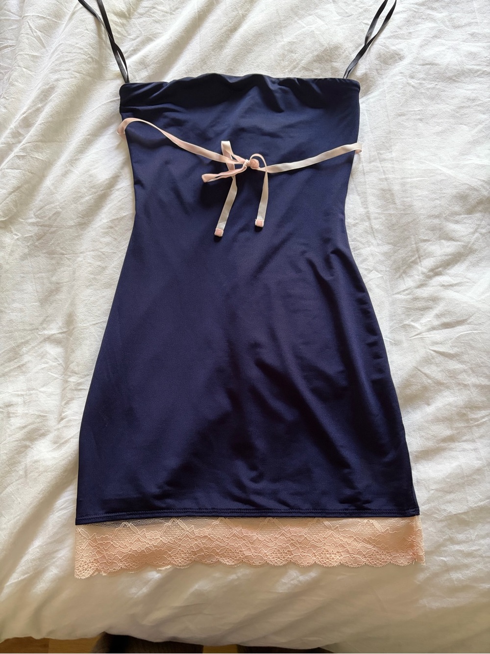 Navy Mini Slip Dress with Blush Lace Trim